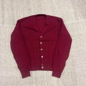Vintage 1960s Cardigan Mens Medium Red Argyle Chunky Ribbed